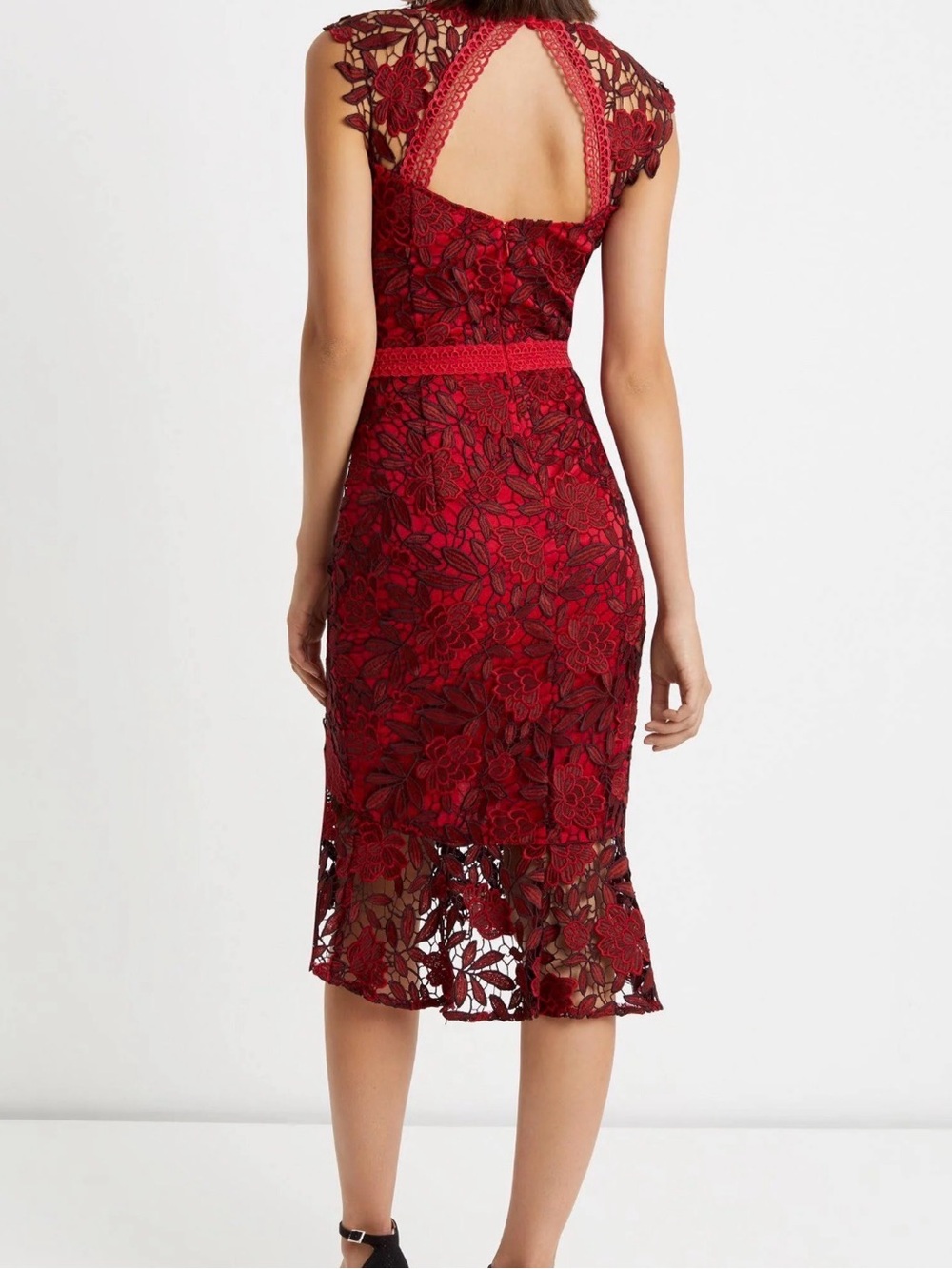 Lipsy Red Floral Lace Midi Dress with Keyhole Back